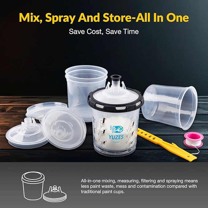 YUZES Disposable Paint Cups for Spray Gun 20 Ounce (600ml), 50 Disposable Paint Cup with Lids, 2 Hard Mixing Cups with Retainer Ring, 20 Plugs, PTFE Tape, Stirrer, for LVLP HVLP Spray Gun