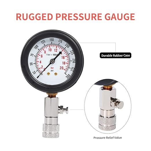 8PCS Compression Tester Kit Professional Petrol Gas Engine Cylinder Pressure Gauge 0-300 PSI Automotive Tool for Motorcycle Car Truck (Red 8pc)
