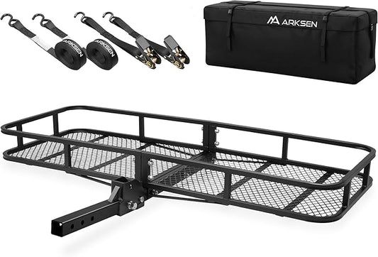 ARKSEN 60 x 23 x 5.5 Inch Folding Hitch Cargo Carrier with Waterproof Cargo Bag, 2 Ratchet Straps, 500 Lbs Capacity Heavy Duty 2 Inch Receiver Luggage Basket for SUV, Pickup Truck, Camping & Travel