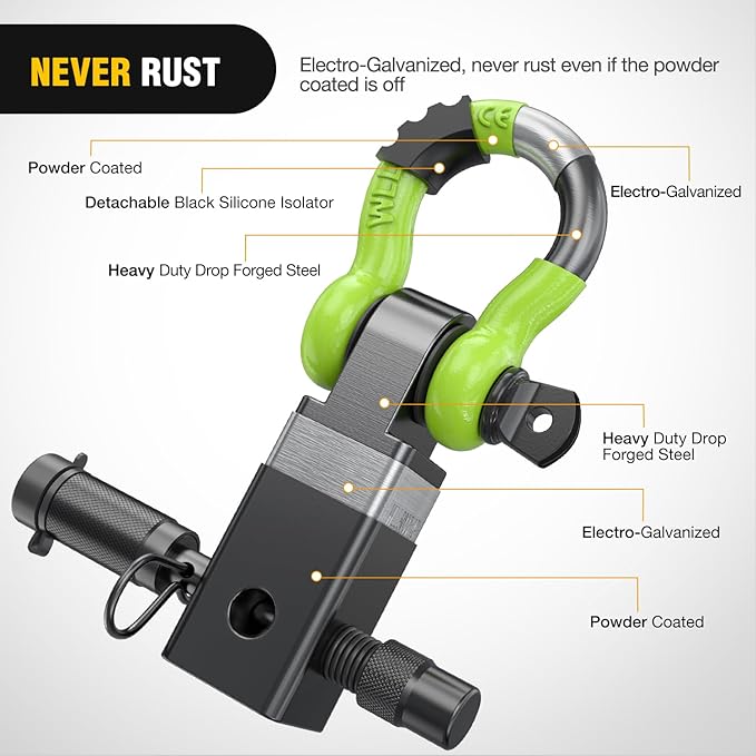 Nilight Anti-Theft Shackle Hitch Receiver 2Inch 45000 LBs Breaking Strength 3/4" Anti-Theft D Ring Shackle 5/8" Trailer Hitch Lock Pin Heavy Duty Solid Towing Kit for Trucks Off Road(Green&Black)