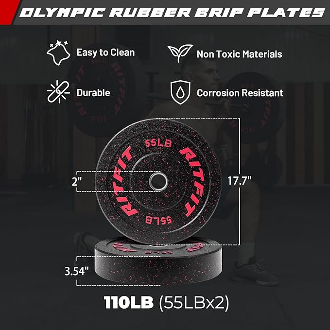 RitFit Barbell Weight Set - 4/6FT Olympic Barbell with Weight Plates (55-275LB Total) - Weightlifting Equipment for Squats, Curls, Deadlifts, Presses, Hip Thrusts