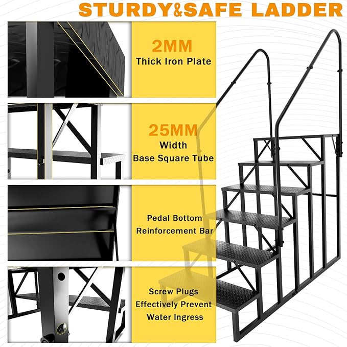 RV Steps with 2 Handrails, Hot Tub Steps Outdoor, 6 Step Ladder Stool, RV Stairs with Anti-Slip Panel, Camper Steps for Spa, Travel Trailers, Pool and Porch