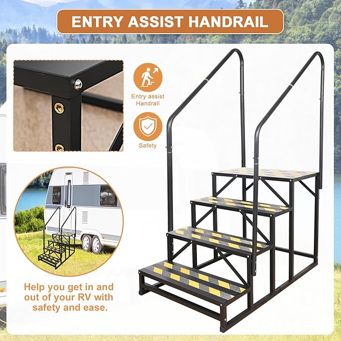 4 Step RV Stairs, Hot Tub Steps, Outdoor Spa Step Ladder with Double Handrail,Portable Economy 5th Wheel Stair for Travel Trailer, Motor Home, Camper and Porch with Non-Skid Tapes