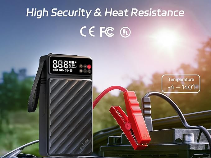 Pelsee 3500A Jump Starter with Air Compressor, 20000mAh Portable Car Battery Jump Starter, 45W Fast Charge, 12V Battery Pack(10L Gas 8L Diesel Engine)with Tire Pressure Monitor, Light,Jumper Cables,E1