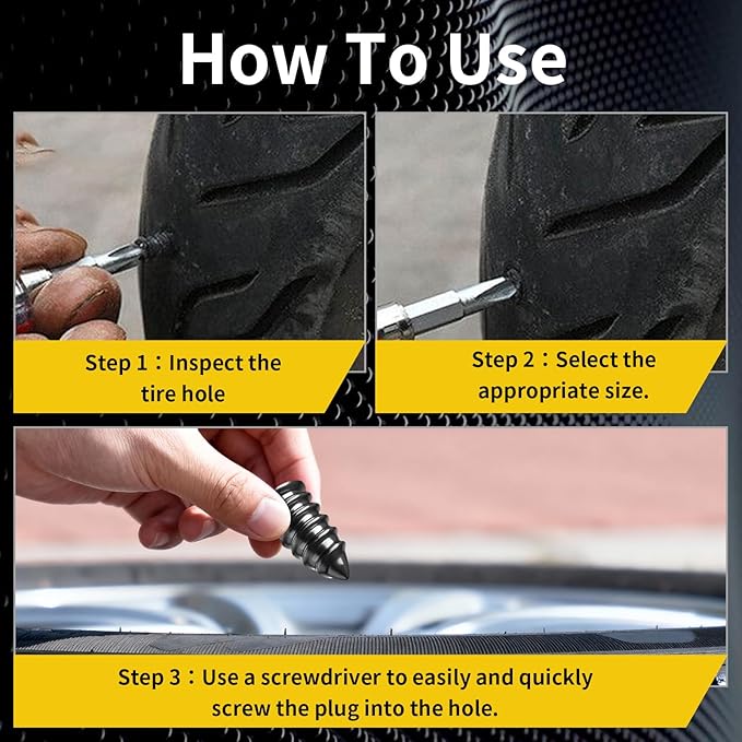 40 Pcs Tire Repair Rubber Nails Kit, Tire Repair Rubber Screws, Tire Screw Plug Fast Tool Self Service Tire Repair Nail Suitable with Box and Screwdriver, Tire Plugs Kit