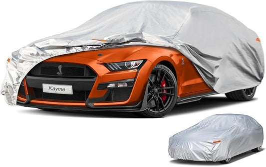 Kayme 6 Layers Car Cover Waterproof All Weather for Automobiles, Outdoor Full Cover Sun UV Snow Protection, Universal Fit for Ford Shelby, Chevy Camaro/Corvette, Lexus RC LC, Etc. (186-193 inch).