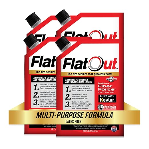FlatOut Multi-Purpose Tire Sealant - Prevents and Repairs Flat Tires, Seals Leaks, Contains Kevlar, 32-Ounce Bag, 4-Pack