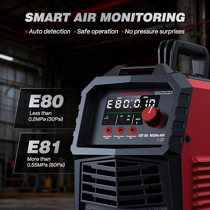 ARCCAPTAIN 60Amp [Non-HF] Plasma Cutter, Blow Back Pilot Arc Plasma Cutting Machine, 110V/220V, Upgraded Large LED Display, Plate Cutting, Expanded Metal, Rust Removal, Gouging, Air Pressure Detection