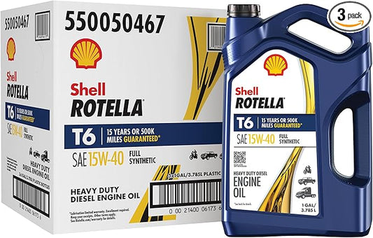 Shell Rotella T6 Full Synthetic 15W-40 Motor Oil, 1 Gallon (3 Pack)