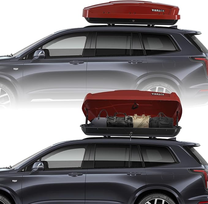Hard Shell Roof Cargo Box Carrier with Security Keys,Heavy Duty Waterproof Rooftop Storage Box,58.3 L x 35.4 W x 13 H Inches,15.5 Cubic Feet Tool-Free Install,Dual Side Opening,Red