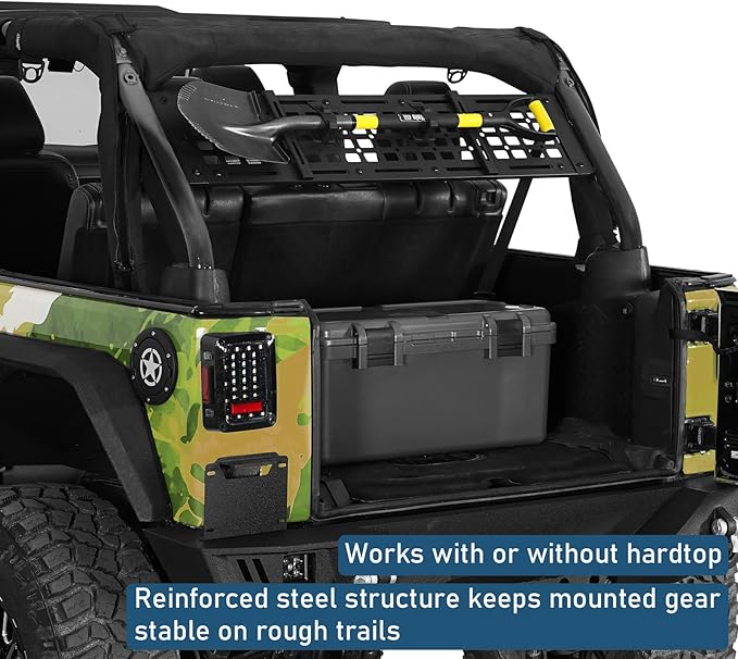 Hooke Road Roll Bar Storage MOLLE Panel Trunk Cargo Rack Shelf for 2007-2018 Jeep Wrangler JK Unlimited 4-Door Hardtop