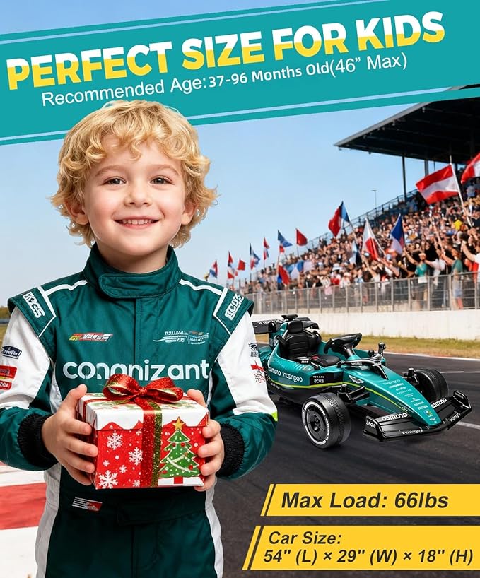 12V F1 Kids Ride On Car with Parent Remote Control, Recharageable Battery Ride on Toy, 3 Speeds, Music