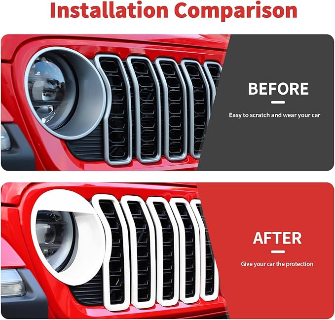 Front Grill Insert+ Headlight Bezels Cover Kit Compatible with 2024-2025+ Jeep Wrangler JL JLU & Gladiator JT, Not Fit for JL Sport & Sports(Wihte,Style A)