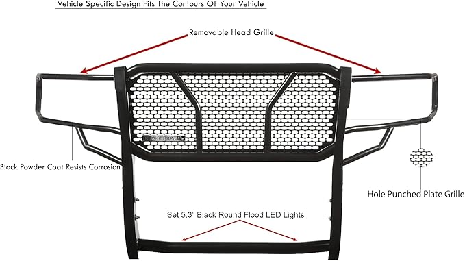Black Horse Rugged Heavy Duty Grille Brush Bumper Guard Modular Black Come with Pair of 5.3" LED Lights Compatible with 2019-2024 Ram 1500 Classic|2009-2018 Dodge Ram 1500-RU-DORA09-B-PLFB