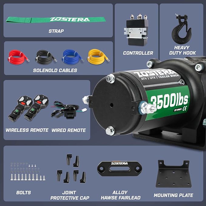 3500lbs ATV/UTV Winch with Synthetic Rope, Electric Boat Trailer Winch 12V, Waterproof Winch with 2 Wireless Remotes &Wired Switch,with Mounting Plate,Pulley,Rope Damper,Aluminium Fairlead
