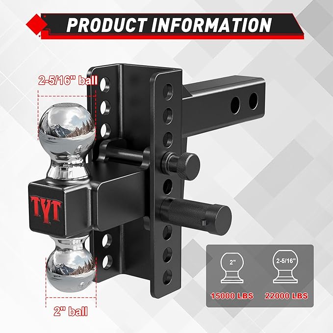TYT Adjustable Truck Trailer Hitch for 2 inch Receiver, 6" Drop/Rise Tow Hitch with Dual Balls (2" & 2-5/16"), 22,000 lbs GTW, 2,200 lbs TW, Includes Two Pin Locks & Hitch Tightener