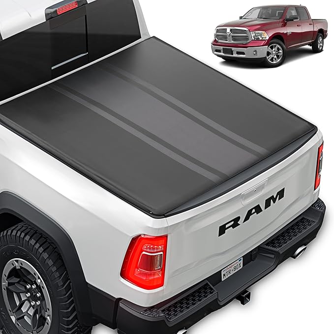 Truck Tonneau Cover for Ram 1500 (2002-2023) / Ram 2500 & 3500 (2003-2020) with 6.4 ft Bed Length, All-Weather Retractable Soft Roll-Up Truck Bed Cover with Gray Stripes