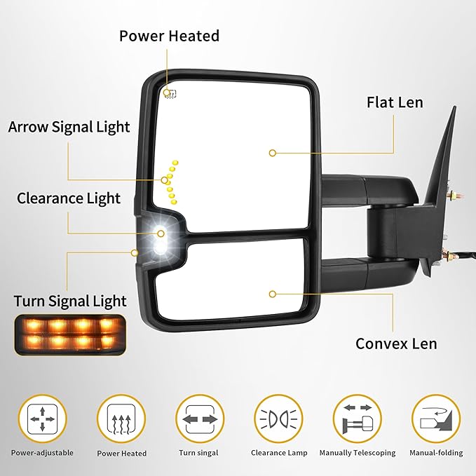 DWVO Towing Mirrors Compatible with Chevy Silverado Sierra 1500 2500, 1999 2000 2001 2002 2001-2002 GMC Yukon XL, Heated Power Adjusted Glass Turn Signal Light Backup Lamp Telescoping Chrome