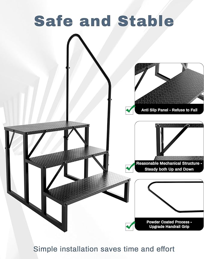3 Step RV Steps｜Pool Ladder with Handrail｜Update 3.0 Outdoor RV Stair with Anti-Slip Pedals｜RV Ladders for Travel Trailers｜Heavy Duty Mobile Home Steps for Camper, Porch, Spa
