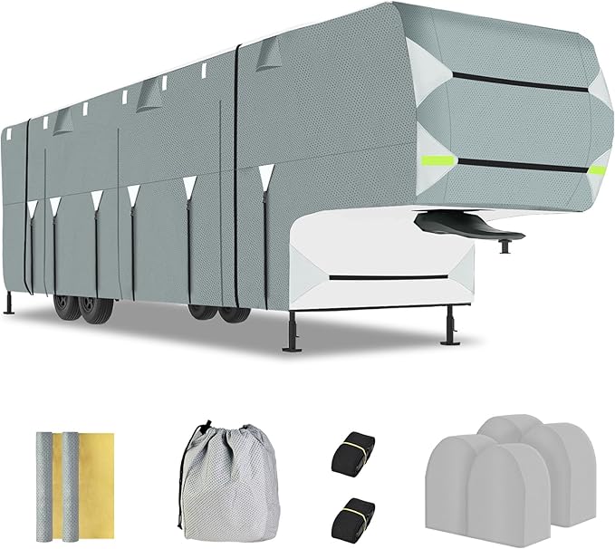 5th Wheel RV Cover 26-29Ft - Upgraded 5 Layers Top Extra-Thick Fifth Wheel Cover, Waterproof Camper RV Cover, Anti-UV Windproof Winter Camper Cover with Gutter Covers