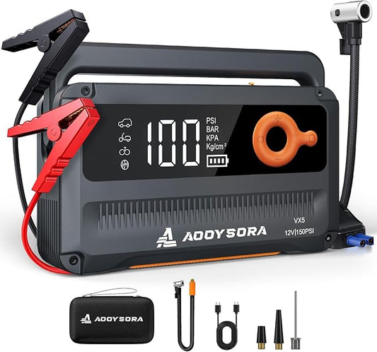 9-in-1 6000A Car Battery Jump Starter with Air Compressor 26800mAh, 150PSI 12V Portable Jump Box with Auto-Shutoff Tire Inflator, 3 Modes Flashlight and Jumper Cables(All Gas/12L Diesel)