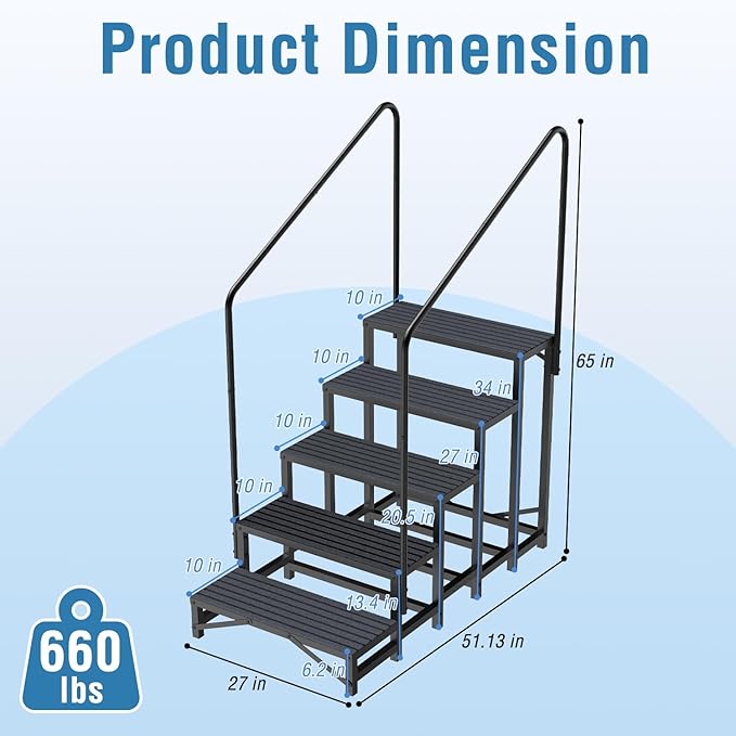 RV Steps with Handrail, 5 Steps RV Stair, Mobile Home Stairs for Camper, Trailer, hot tub, Steps with Non-Slip mat, 660lbs Capacity