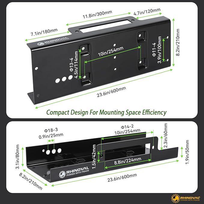 13000lb Winch and Mount Plate Bundle: Green Synthetic Rope, Wireless Remote, Raised Bolt Pattern Mounting Plate