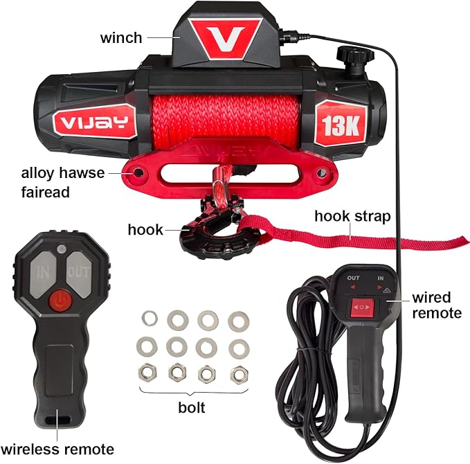 Winch-13000 lb. Load Capacity Electric Winch Kit 12V Synthetic Rope,Waterproof IP67 Electric Winch with Hawse Fairlead, with Wireless Handheld Remote and Corded Control Recovery（Red）