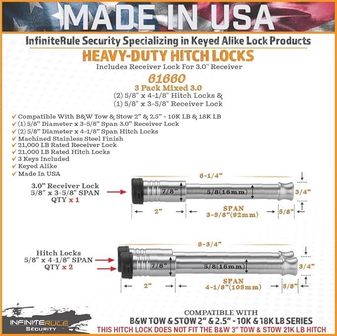 61660 | 3 Pack Mixed 3.0, Keyed Alike, Hitch Locks for B&W 2" & 2.5" Tow and Stow 10K LB & 18K LB - Includes Lock for 3.0" Receiver