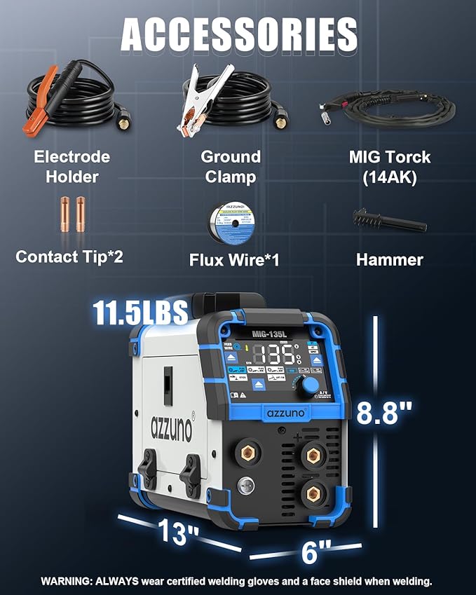 AZZUNO MIG Welder 135Amp 110V, 3 in 1 Gasless Flux Core MIG Welder/Lift TIG/Stick Welding Machine, Wire Feed Welder with Synergic Control