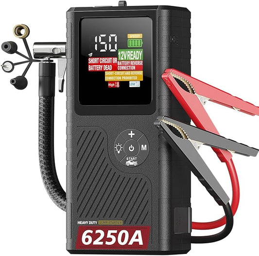 CS02 6250A Peak Jump Starter with Air Compressor, 20000mAh Battery Pack, 8.5L Gas/6.5L Diesel, USB-A Charging, Smart Display, 50 Starts, Safety Protection