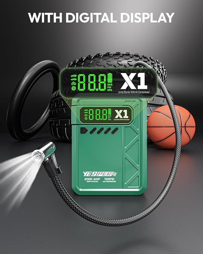 YESPER Jump Starter with Air Compressor 2000A 150PSI Battery Jumper Starter Portable(8L Gas/6L Diesel), 12V Car Jump Pack Battery Charger Jump Box with Jumper Cables, LCD Display, Lights