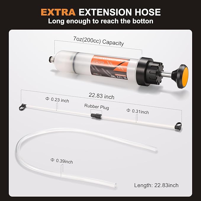 FOUR UNCLES 200cc Fluid Extractor & Fill Pump for Automotive Use - Oil Syringe with a 23" Hose & Two 12" Extension Tubes for Easy Oil Change