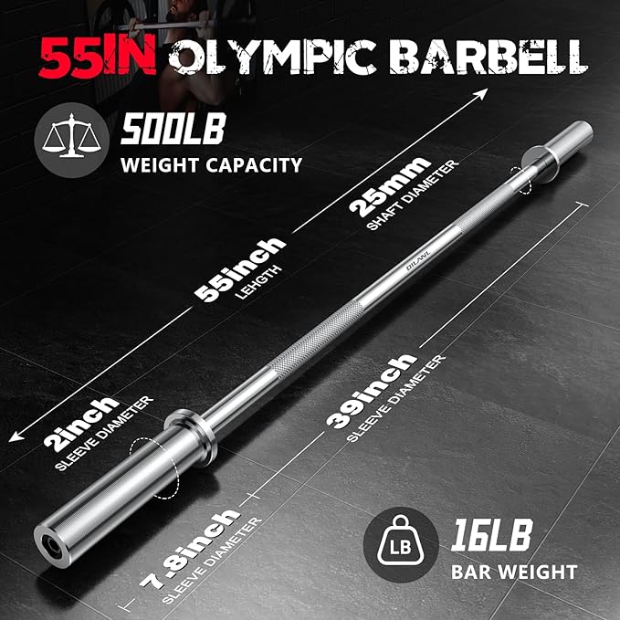 Olympic Barbell Bar 55", 2In-Weight Lifting Bar Standard Straight Barbell Bars for Bench Press/Hip Thrusts/Biceps/Lunges/Squat/Strength-Training Home Gym Weight Bar, 2 Collars(500lb Capacity)