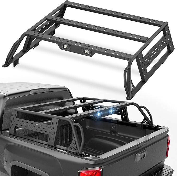 13.8" High Overland Bed Racks Truck Cargo Carrier Compatible with 2016-2018 Silverado 1500 & GMC Sierra 1500 with 2 LED Lights and Bed Rails, Full-Size Truck Rear Ladder Rack Back Cross Bars