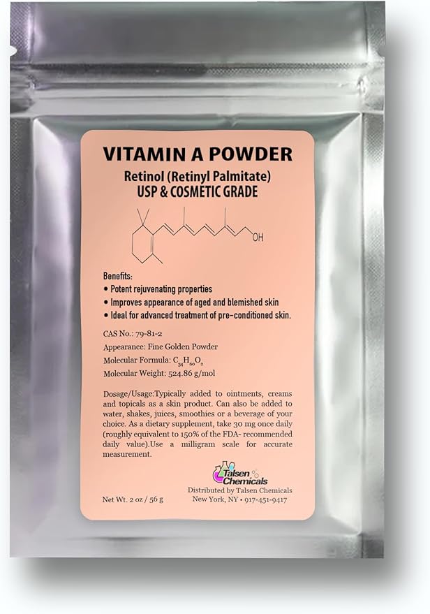 Vitamin A Powder Retinyl Palmitate, Pure Retinol Powdered Vitamin Water Soluble Vitamin A USP & Cosmetic Grade (2 oz. / 56 Grams)