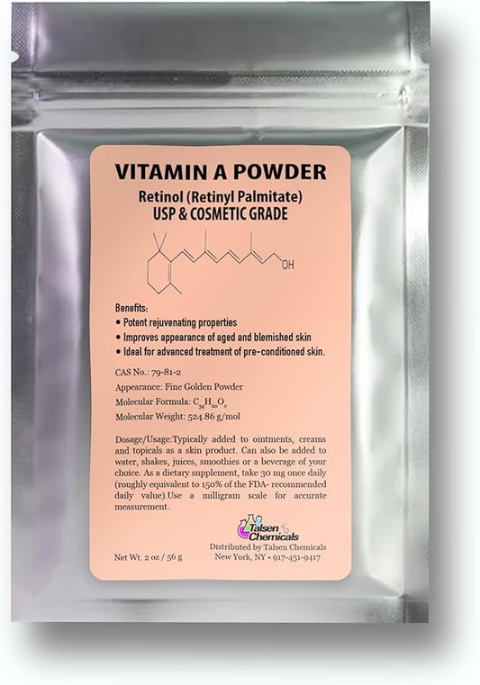 Vitamin A Powder Retinyl Palmitate, Pure Retinol Powdered Vitamin Water Soluble Vitamin A USP & Cosmetic Grade (2 oz. / 56 Grams)