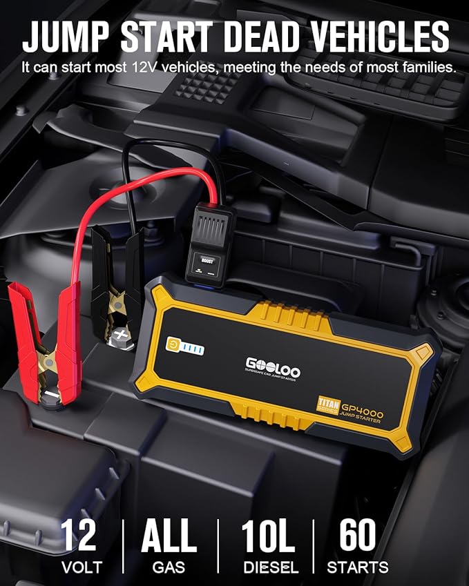 GOOLOO GP4000 Jump Starter 4000A Peak Car Starter (All Gas,up to 10.0L Diesel Engine) SuperSafe 12V Lithium Jump Box,Auto Battery Booster Pack,Portable Power Bank with USB Quick Charge and Type C Port