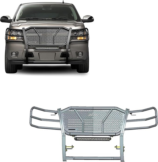 Black Horse RUGGED Heavy Duty Grille Brush Bumper Guard Modular Black Come With Single Row LED Light Compatible with 2007-2014 Tahoe|2007-2014 Suburban 1500|2007-2013 Avalanche-RU-CHTA07-B-K2