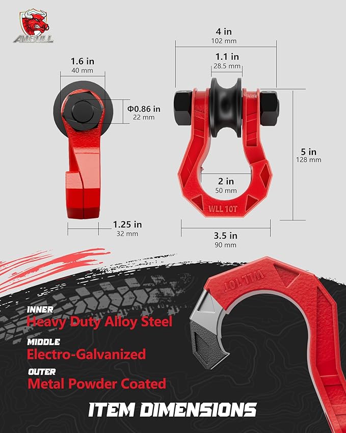 D Ring Separate Shackle with Snatch Block, 3/4" Easy Open Shackles w/Snatch Block Pulley, Heavy Duty Shackle for Towing Winch, Pulley for Off-Road Vehicle Recovery, Truck, ATV, UTV, BlackRed