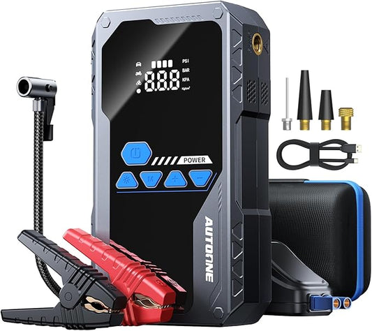 AUTOONE 6000A Jump Starter with Air Compressor (All Gas/10L Diesel), 150PSI Car Jumper Starter Portable, Jump Box Tire Inflator with LED Flashlight, LCD Display, Storage Case