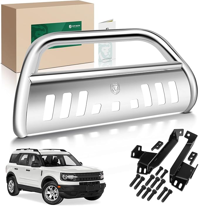 YHTAUTO 3" Bull Bar Push Bar with Skid Plate Light Mount Fit Ford Models, Bronco Sport 2021-2022 Sport Utility, S/S 304 Brush Guard for Truck Front Bumper Off Road Accessories