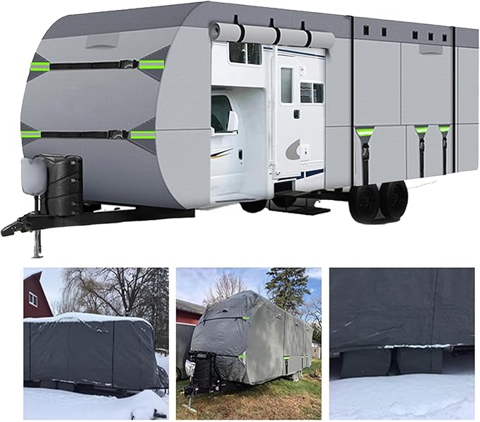 RV Covers 22-24FT 8 Layers Heavy Duty Windproof Trailer Camper Travel Trailer Cover for 22' to 24' Hauler Cover with Tongue Jack Covers and 9 Extra Long Windproof Ropes