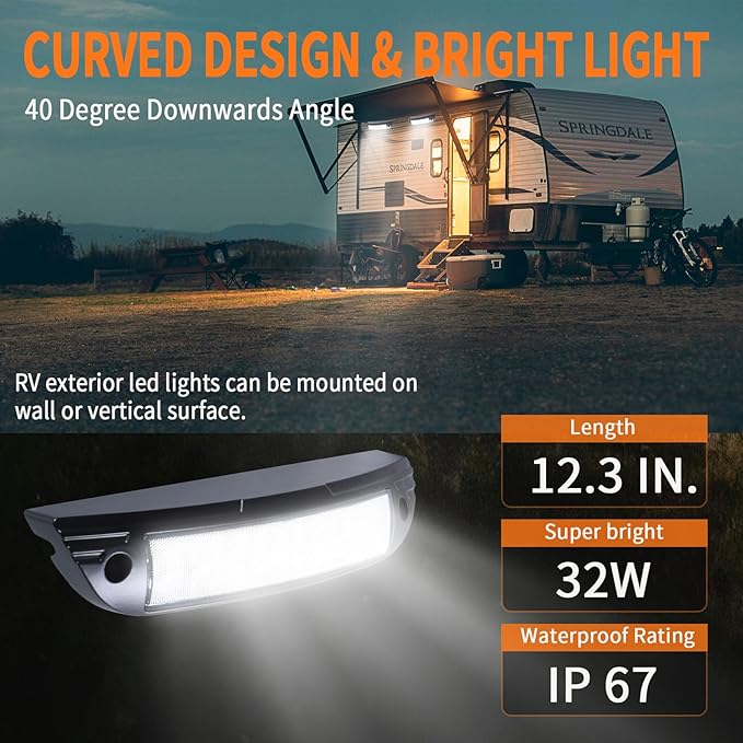 12.3 Inch RV LED Exterior Light Fixture, 6000K Cool White Flood Beam LED Porch Outdoor Utility Light, 12V/24V DC Work Scene Lighting for Truck/Camper/Boat/Trailer, White Finish, 1-Pack