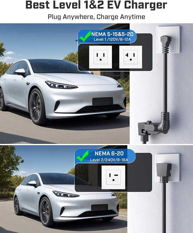 2025 Upgraded Level 1&2 Portable EV Charger, 8-16Amp Adjustable Current & Timer, 110V–240V, NEMA 5-15 & 6-20 Plug, 21Ft EV Charging Cable, J1772 Electric Car Charger for All PHEV/EV Charging Cord