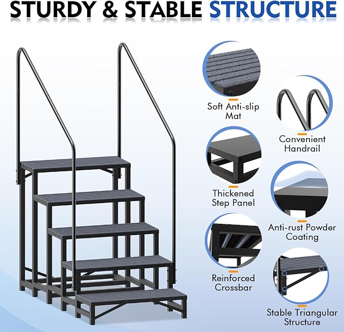 5-Step RV Steps with Dual Handrails, Heavy-Duty Mobile Home Steps, 660 lbs Load Capacity, RV Stairs for Camper, Hot Tub, Trailer & Porch with Non-Slip Mats