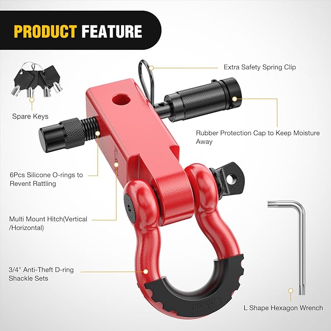 Nilight Anti-Theft Shackle Hitch Receiver 2Inch 45000 LBs Breaking Strength 3/4" Anti-Theft D Ring Shackle 5/8" Trailer Hitch Lock Pin Heavy Duty Solid Towing Kit for Trucks Off Road (Red)