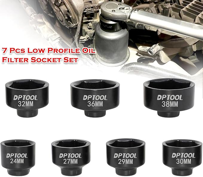 7 Pcs Low Profile Oil Filter Socket Set 6 Point Canister Oil Filter Cap Wrench Remover and Installer Tool Kit Compatible with VW BMW V0lVO Chevy Etc with 3/8" Drive 24mm 27mm 29mm 30mm 32mm 36mm 38mm