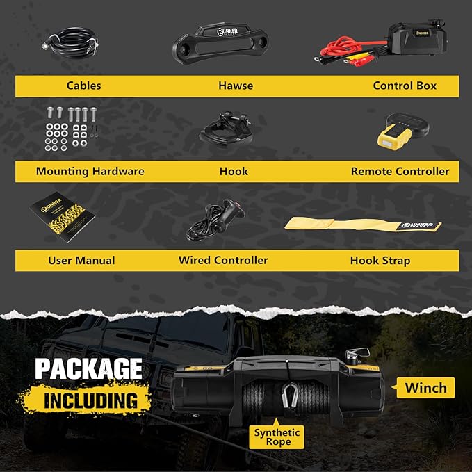 BUNKER INDUST 13000lb Electric Winch 12V Waterproof with Synthetic Rope Fairlead for Truck SUV,DT Socket and a Terminal in Control Box Ready for Added Appliances,Wire and Wireless Remote Control