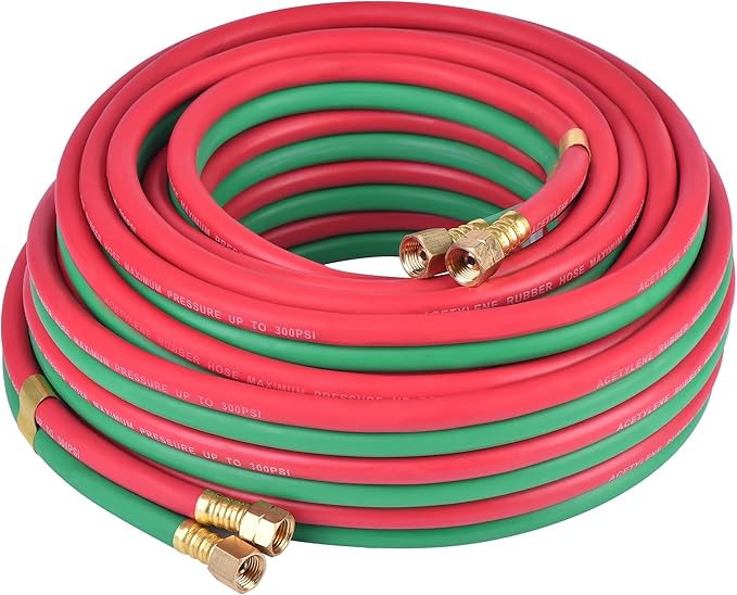 Oxygen Acetylene Twin Welding Hose 1/4" × 50FT - 300 PSI Red & Green Torch Hose with 9/16"-18 B Fittings Grade R for Gas Welding Cutting & Brazing